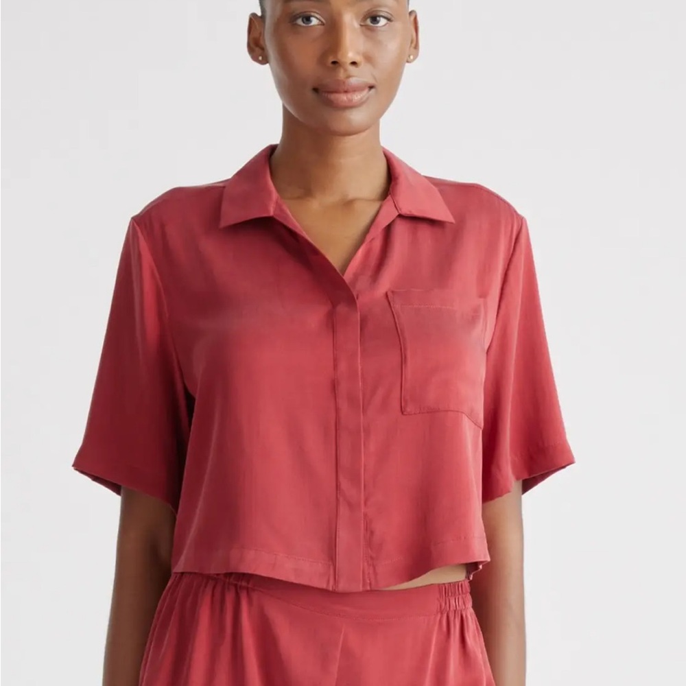 100% Washable Silk Pajama Button Up Top Crimson Red Size M